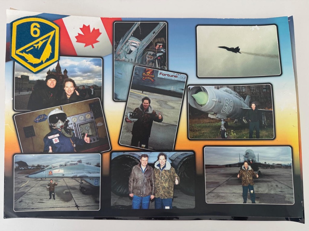 Collage of photographs from the 2004 MiG-29 VIP fighter jet experience — flight suit, cockpit, runway, and Jörn with the aircraft
